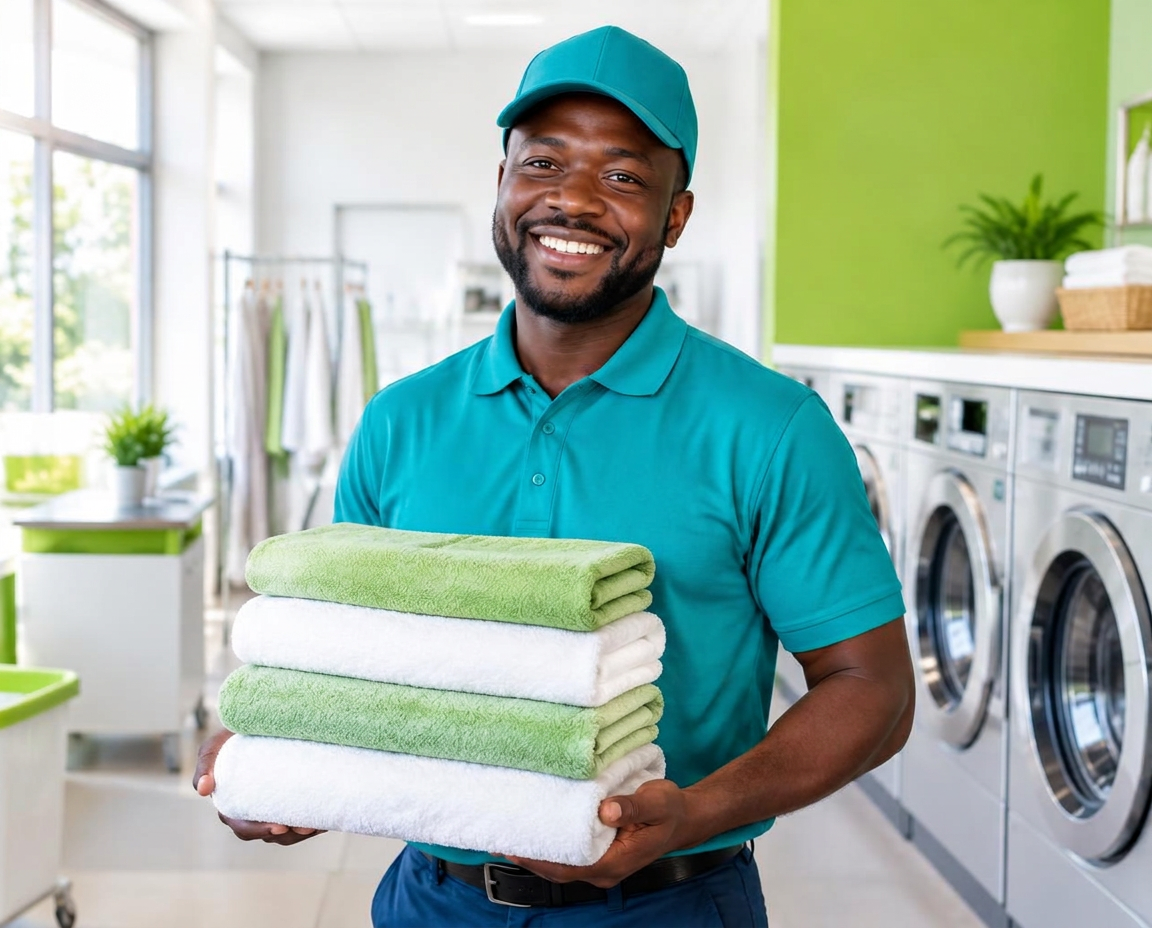 Wash and Clean rider holding freshly folded towels